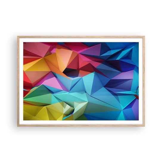 Obraz - Plakat - Tęczowe origami - 100x70cm - Abstrakcja 3D Grafika - Foto Plakaty w ramie koloru jasny dąb do Salonu Sypialni ARTTOR ARTTOR