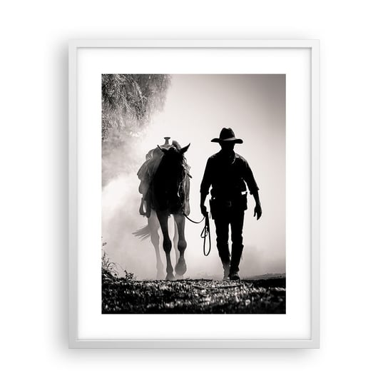 Obraz - Plakat - Teksański poranek - 40x50cm - Kowboj Koń Ranczo - Foto Plakaty w ramie koloru białego do Salonu Sypialni ARTTOR ARTTOR