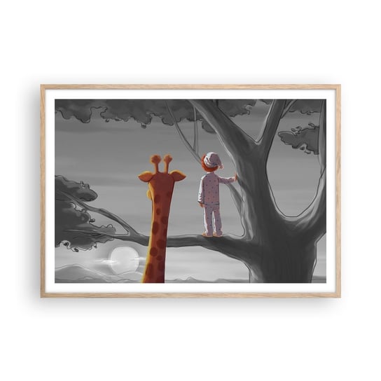 Obraz - Plakat - To się naprawdę dzieje - 100x70cm - Żyrafa Dziecięcy Sen - Foto Plakaty w ramie koloru jasny dąb do Salonu Sypialni ARTTOR ARTTOR