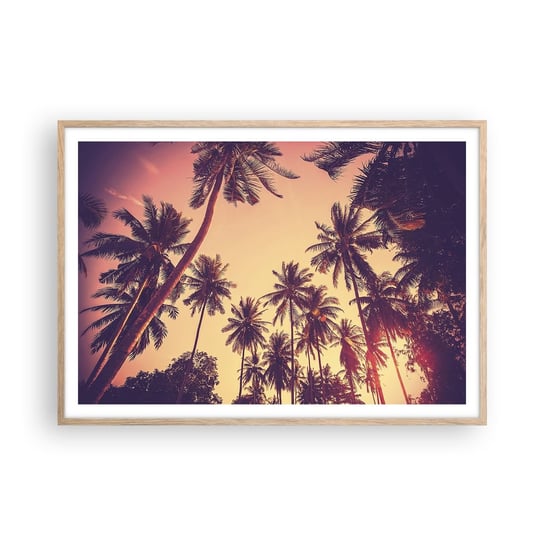 Obraz - Plakat - Tropikalna wariacja - 100x70cm - Palma Kokosowa Krajobraz Zachód Słońca - Foto Plakaty w ramie koloru jasny dąb do Salonu Sypialni ARTTOR ARTTOR