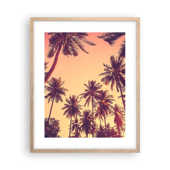 Obraz - Plakat - Tropikalna wariacja - 40x50cm - Palma Kokosowa Krajobraz Zachód Słońca - Foto Plakaty w ramie koloru jasny dąb do Salonu Sypialni ARTTOR ARTTOR