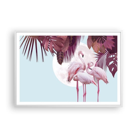 Obraz - Plakat - Trzy ptasie gracje - 100x70cm - Flamingi Ptaki Natura - Foto Plakaty w ramie koloru białego do Salonu Sypialni ARTTOR ARTTOR