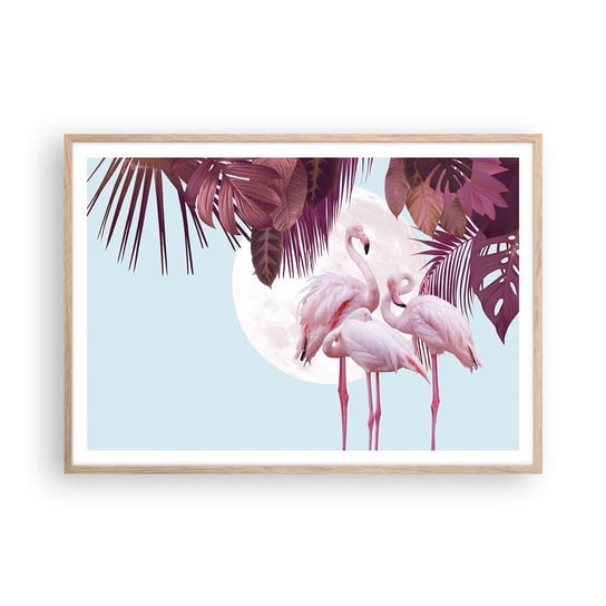 Obraz - Plakat - Trzy ptasie gracje - 100x70cm - Flamingi Ptaki Natura - Foto Plakaty w ramie koloru jasny dąb do Salonu Sypialni ARTTOR ARTTOR