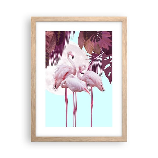 Obraz - Plakat - Trzy ptasie gracje - 30x40cm - Flamingi Ptaki Natura - Foto Plakaty na ścianę w ramie jasny dąb - Plakat do Salonu Sypialni ARTTOR ARTTOR