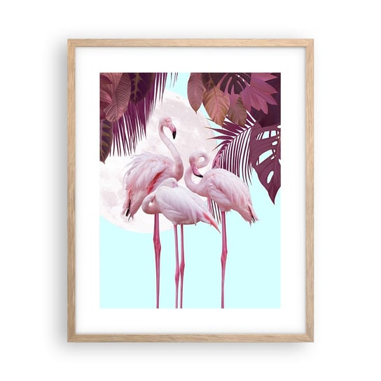 Obraz - Plakat - Trzy ptasie gracje - 40x50cm - Flamingi Ptaki Natura - Foto Plakaty w ramie koloru jasny dąb do Salonu Sypialni ARTTOR ARTTOR