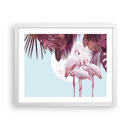 Obraz - Plakat - Trzy ptasie gracje - 50x40cm - Flamingi Ptaki Natura - Foto Plakaty w ramie koloru białego do Salonu Sypialni ARTTOR ARTTOR