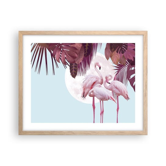 Obraz - Plakat - Trzy ptasie gracje - 50x40cm - Flamingi Ptaki Natura - Foto Plakaty w ramie koloru jasny dąb do Salonu Sypialni ARTTOR ARTTOR