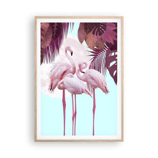 Obraz - Plakat - Trzy ptasie gracje - 70x100cm - Flamingi Ptaki Natura - Foto Plakaty w ramie koloru jasny dąb do Salonu Sypialni ARTTOR ARTTOR