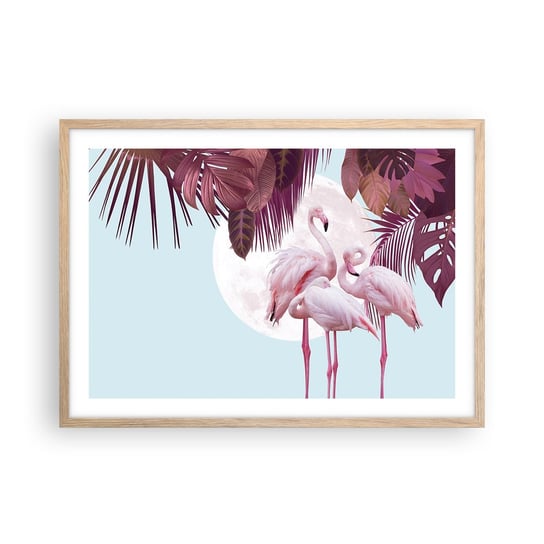 Obraz - Plakat - Trzy ptasie gracje - 70x50cm - Flamingi Ptaki Natura - Nowoczesny modny obraz Plakat rama jasny dąb ARTTOR ARTTOR