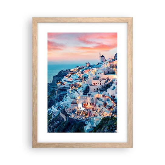 Obraz - Plakat - Twoje wielkie greckie wakacje - 30x40cm - Krajobraz Grecja Santorini - Foto Plakaty na ścianę w ramie jasny dąb - Plakat do Salonu Sypialni ARTTOR ARTTOR
