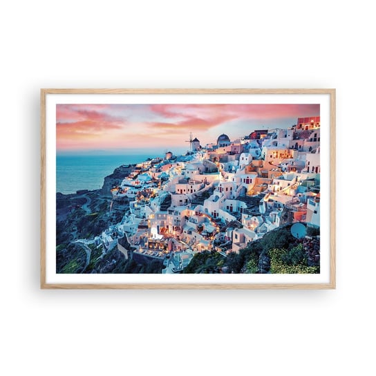 Obraz - Plakat - Twoje wielkie greckie wakacje - 91x61cm - Krajobraz Grecja Santorini - Foto Plakaty na ścianę w ramie jasny dąb - Plakat do Salonu Sypialni ARTTOR ARTTOR