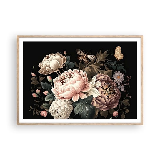 Obraz - Plakat - W barokowym stylu - 100x70cm - Botanika Kwiaty Shabby Chic - Foto Plakaty w ramie koloru jasny dąb do Salonu Sypialni ARTTOR ARTTOR