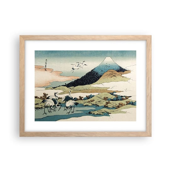 Obraz - Plakat - W japońskim duchu - 40x30cm - Bocian Ptak Krajobraz - Foto Plakaty na ścianę w ramie jasny dąb - Plakat do Salonu Sypialni ARTTOR ARTTOR