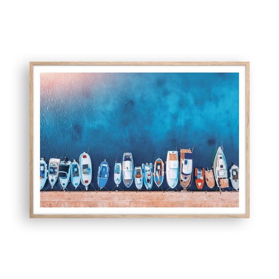 Obraz - Plakat - W jednym rzędzie - 100x70cm - Jachty Port Morze - Foto Plakaty w ramie koloru jasny dąb do Salonu Sypialni ARTTOR ARTTOR