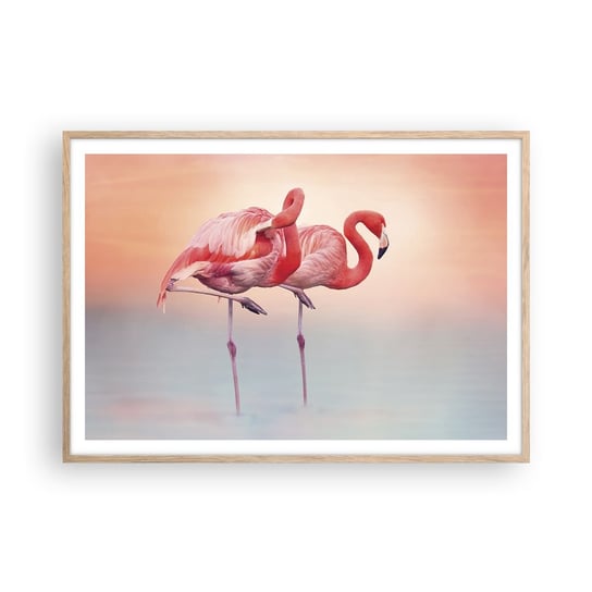 Obraz - Plakat - W kolorze zachodzącego słońca - 100x70cm - Flamingi Ptaki Natura - Foto Plakaty w ramie koloru jasny dąb do Salonu Sypialni ARTTOR ARTTOR