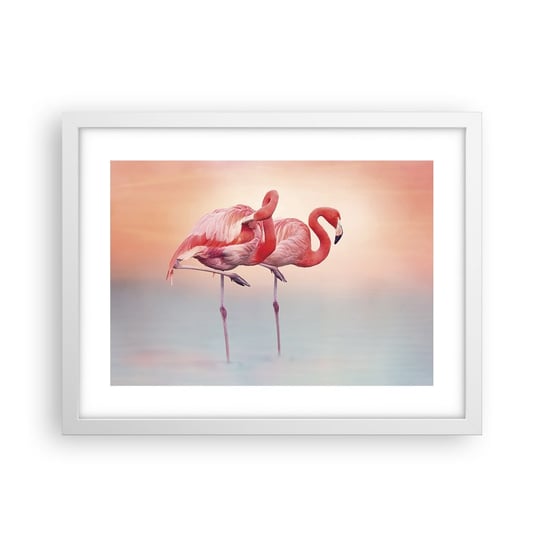 Obraz - Plakat - W kolorze zachodzącego słońca - 40x30cm - Flamingi Ptaki Natura - Foto Plakaty na ścianę w ramie białej - Plakat do Salonu Sypialni ARTTOR ARTTOR