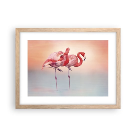 Obraz - Plakat - W kolorze zachodzącego słońca - 40x30cm - Flamingi Ptaki Natura - Foto Plakaty na ścianę w ramie jasny dąb - Plakat do Salonu Sypialni ARTTOR ARTTOR