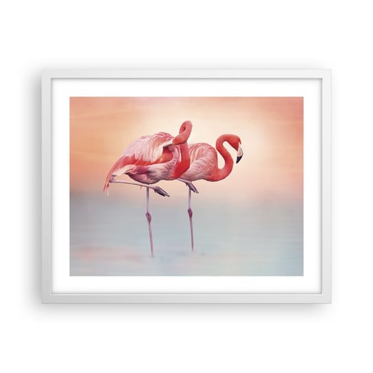 Obraz - Plakat - W kolorze zachodzącego słońca - 50x40cm - Flamingi Ptaki Natura - Foto Plakaty w ramie koloru białego do Salonu Sypialni ARTTOR ARTTOR
