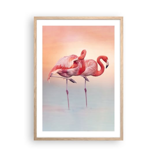 Obraz - Plakat - W kolorze zachodzącego słońca - 50x70cm - Flamingi Ptaki Natura - Nowoczesny modny obraz Plakat rama jasny dąb ARTTOR ARTTOR