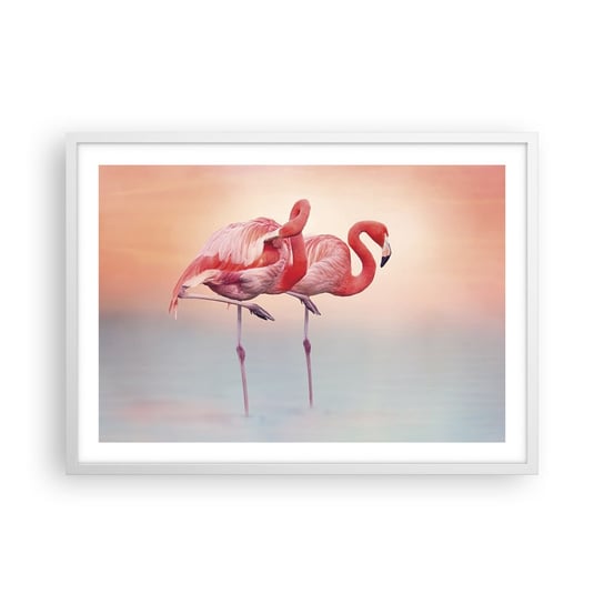 Obraz - Plakat - W kolorze zachodzącego słońca - 70x50cm - Flamingi Ptaki Natura - Nowoczesny modny obraz Plakat rama biała ARTTOR ARTTOR