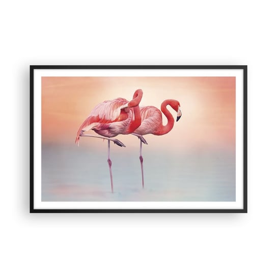 Obraz - Plakat - W kolorze zachodzącego słońca - 91x61cm - Flamingi Ptaki Natura - Foto Plakaty na ścianę w czarnej ramie - Plakat do Salonu Sypialni ARTTOR ARTTOR