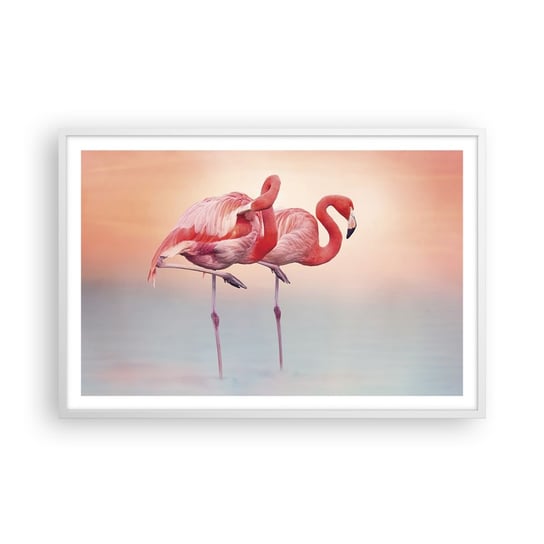 Obraz - Plakat - W kolorze zachodzącego słońca - 91x61cm - Flamingi Ptaki Natura - Foto Plakaty na ścianę w ramie białej - Plakat do Salonu Sypialni ARTTOR ARTTOR
