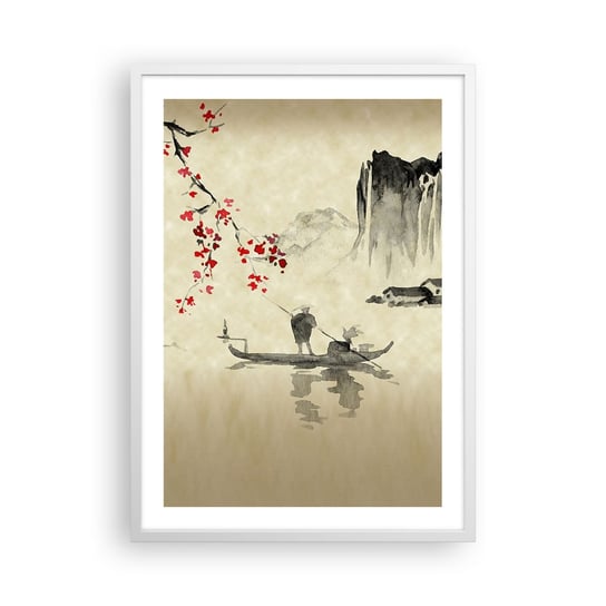 Obraz - Plakat - W kraju kwitnącej wiśni - 50x70cm - Krajobraz Japonia Rybak - Nowoczesny modny obraz Plakat rama biała ARTTOR ARTTOR
