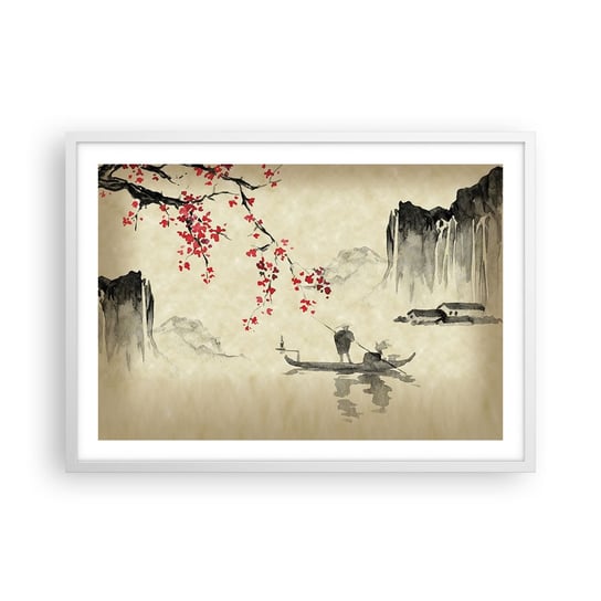 Obraz - Plakat - W kraju kwitnącej wiśni - 70x50cm - Krajobraz Japonia Rybak - Nowoczesny modny obraz Plakat rama biała ARTTOR ARTTOR