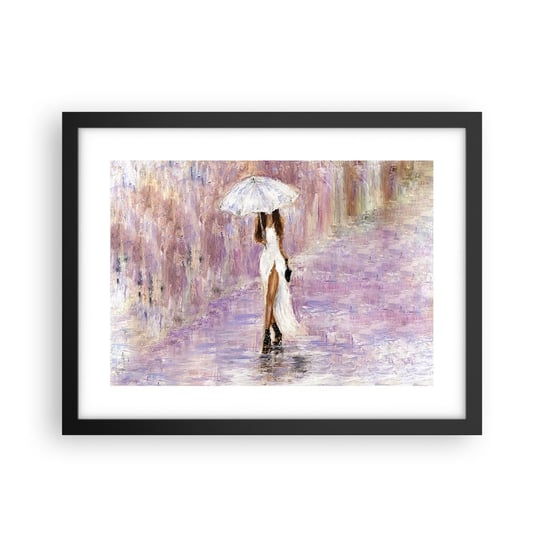 Obraz - Plakat - W liliowym deszczu - 40x30cm - Kobieta Moda Spacer W Deszczu - Foto Plakaty na ścianę w czarnej ramie - Plakat do Salonu Sypialni ARTTOR ARTTOR