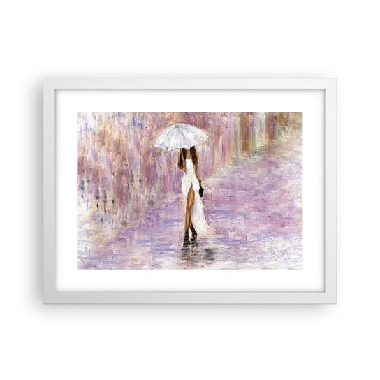 Obraz - Plakat - W liliowym deszczu - 40x30cm - Kobieta Moda Spacer W Deszczu - Foto Plakaty na ścianę w ramie białej - Plakat do Salonu Sypialni ARTTOR ARTTOR