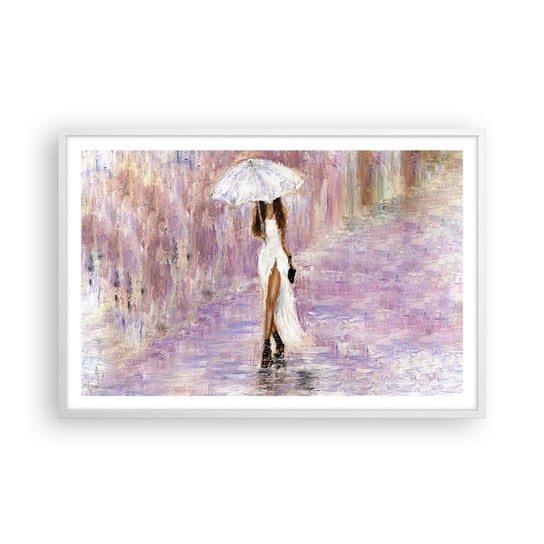 Obraz - Plakat - W liliowym deszczu - 91x61cm - Kobieta Moda Spacer W Deszczu - Foto Plakaty na ścianę w ramie białej - Plakat do Salonu Sypialni ARTTOR ARTTOR
