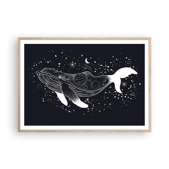 Obraz - Plakat - W oceanie wszechświata - 100x70cm - Abstrakcja Wieloryb Czarno-Biały - Foto Plakaty w ramie koloru jasny dąb do Salonu Sypialni ARTTOR ARTTOR