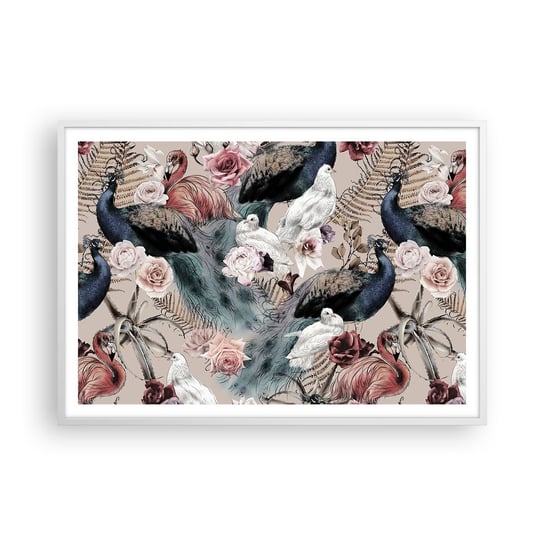 Obraz - Plakat - W pałacowym ogrodzie - 100x70cm - Ptaki Gołąb Flaming - Foto Plakaty w ramie koloru białego do Salonu Sypialni ARTTOR ARTTOR
