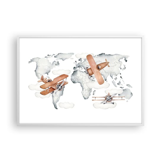 Obraz - Plakat - W pionierskim duchu - 100x70cm - Mapa Świata Samoloty Dziecięce - Foto Plakaty w ramie koloru białego do Salonu Sypialni ARTTOR ARTTOR