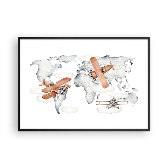 Obraz - Plakat - W pionierskim duchu - 100x70cm - Mapa Świata Samoloty Dziecięce - Foto Plakaty w ramie koloru czarnego do Salonu Sypialni ARTTOR ARTTOR