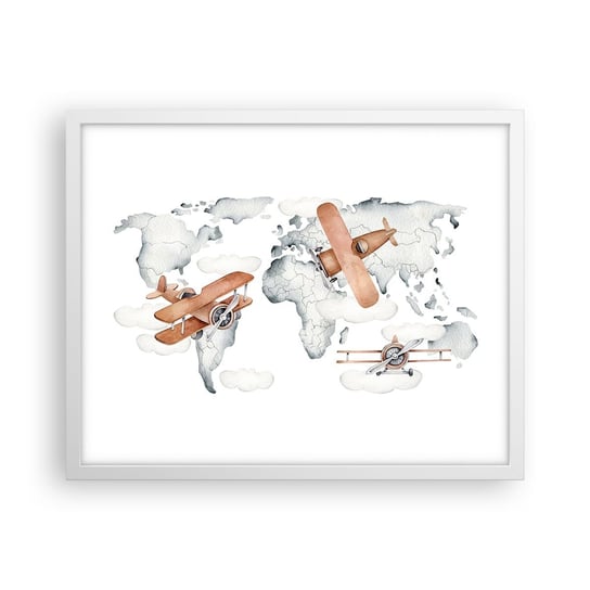 Obraz - Plakat - W pionierskim duchu - 50x40cm - Mapa Świata Samoloty Dziecięce - Foto Plakaty w ramie koloru białego do Salonu Sypialni ARTTOR ARTTOR