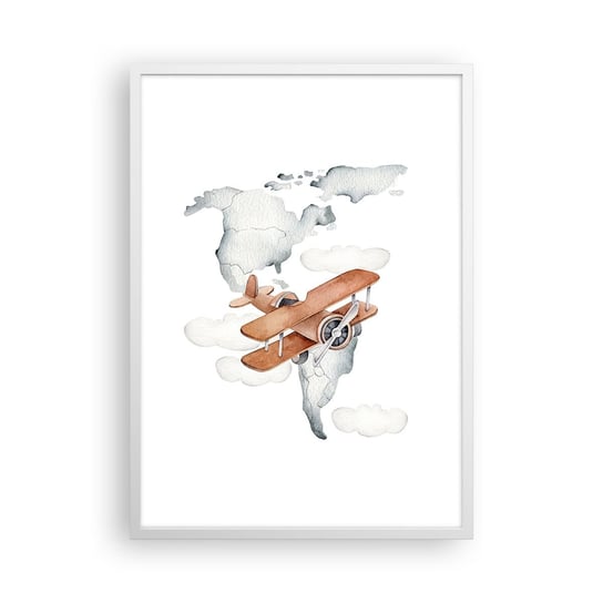 Obraz - Plakat - W pionierskim duchu - 50x70cm - Mapa Świata Samoloty Dziecięce - Nowoczesny modny obraz Plakat rama biała ARTTOR ARTTOR