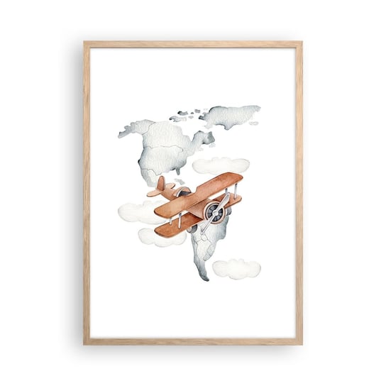 Obraz - Plakat - W pionierskim duchu - 50x70cm - Mapa Świata Samoloty Dziecięce - Nowoczesny modny obraz Plakat rama jasny dąb ARTTOR ARTTOR