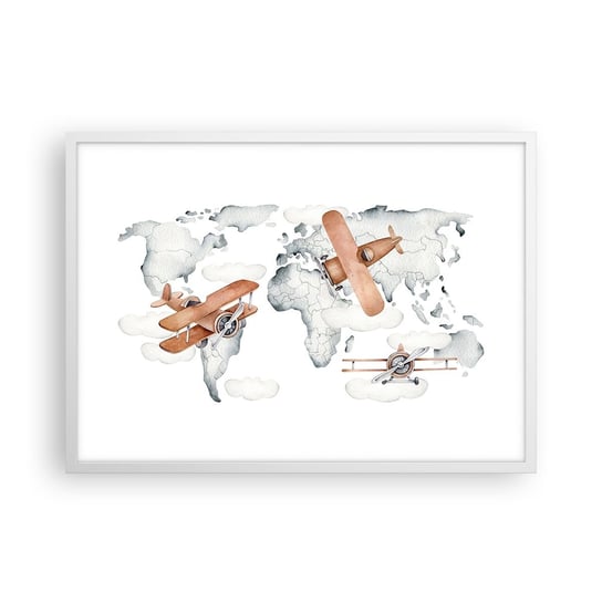 Obraz - Plakat - W pionierskim duchu - 70x50cm - Mapa Świata Samoloty Dziecięce - Nowoczesny modny obraz Plakat rama biała ARTTOR ARTTOR
