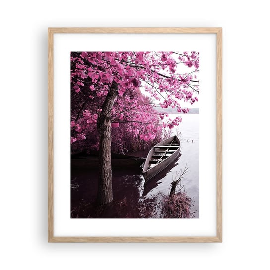Obraz - Plakat - W różowej ciszy - 40x50cm - Krajobraz Jezioro Drzewo - Foto Plakaty w ramie koloru jasny dąb do Salonu Sypialni ARTTOR ARTTOR