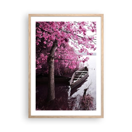 Obraz - Plakat - W różowej ciszy - 50x70cm - Krajobraz Jezioro Drzewo - Nowoczesny modny obraz Plakat rama jasny dąb ARTTOR ARTTOR