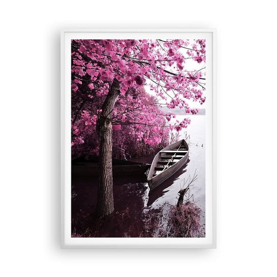 Obraz - Plakat - W różowej ciszy - 70x100cm - Krajobraz Jezioro Drzewo - Foto Plakaty w ramie koloru białego do Salonu Sypialni ARTTOR ARTTOR