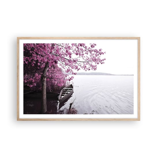 Obraz - Plakat - W różowej ciszy - 91x61cm - Krajobraz Jezioro Drzewo - Foto Plakaty na ścianę w ramie jasny dąb - Plakat do Salonu Sypialni ARTTOR ARTTOR