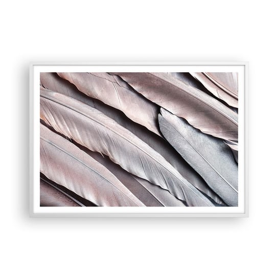 Obraz - Plakat - W różowej srebrzystości - 100x70cm - Pióro Ptaka Grafika Boho - Foto Plakaty w ramie koloru białego do Salonu Sypialni ARTTOR ARTTOR