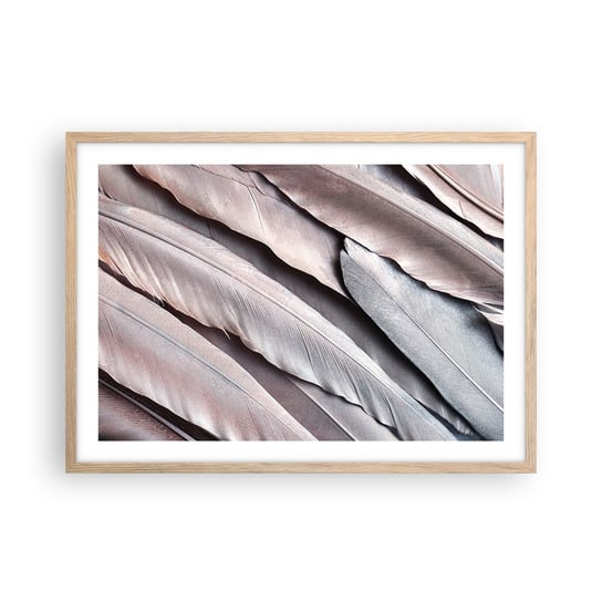 Obraz - Plakat - W różowej srebrzystości - 70x50cm - Pióro Ptaka Grafika Boho - Nowoczesny modny obraz Plakat rama jasny dąb ARTTOR ARTTOR