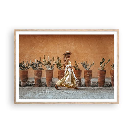 Obraz - Plakat - W stylu hippie - 100x70cm - Boho Kobieta Kaktusy - Foto Plakaty w ramie koloru jasny dąb do Salonu Sypialni ARTTOR ARTTOR