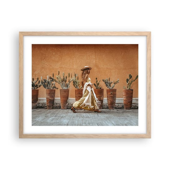 Obraz - Plakat - W stylu hippie - 50x40cm - Boho Kobieta Kaktusy - Foto Plakaty w ramie koloru jasny dąb do Salonu Sypialni ARTTOR ARTTOR
