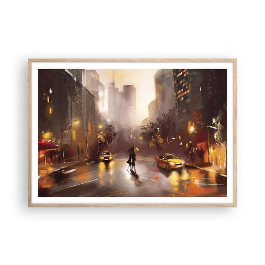 Obraz - Plakat - W światłach Nowego Jorku - 100x70cm - Nowy Jork Manhattan Architektura - Foto Plakaty w ramie koloru jasny dąb do Salonu Sypialni ARTTOR ARTTOR