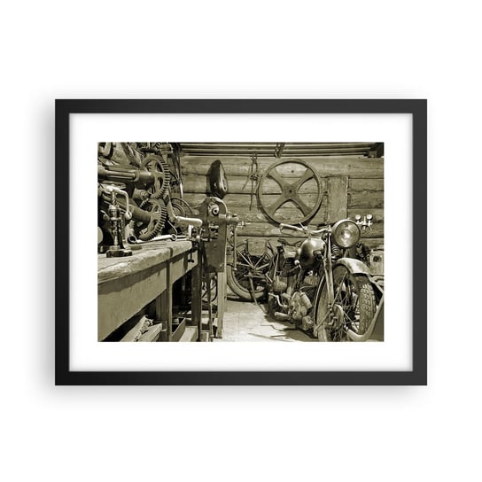 Obraz - Plakat - W szopie wuja Władka - 40x30cm - Motocykl Warsztat Samochodowy Vintage - Foto Plakaty na ścianę w czarnej ramie - Plakat do Salonu Sypialni ARTTOR ARTTOR
