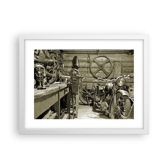 Obraz - Plakat - W szopie wuja Władka - 40x30cm - Motocykl Warsztat Samochodowy Vintage - Foto Plakaty na ścianę w ramie białej - Plakat do Salonu Sypialni ARTTOR ARTTOR